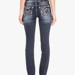 Miss Me Dark Blue Straight Leg Jeans with Embellished Pockets